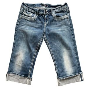 Vigoss Capri Jeans Women 13 Blue Mid Rise Stretch Denim Cuffed Pocket Stitch